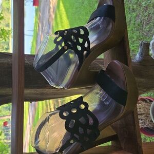 Kouroshoes Black Platform Block Heel Leather Sandal Made In Greece